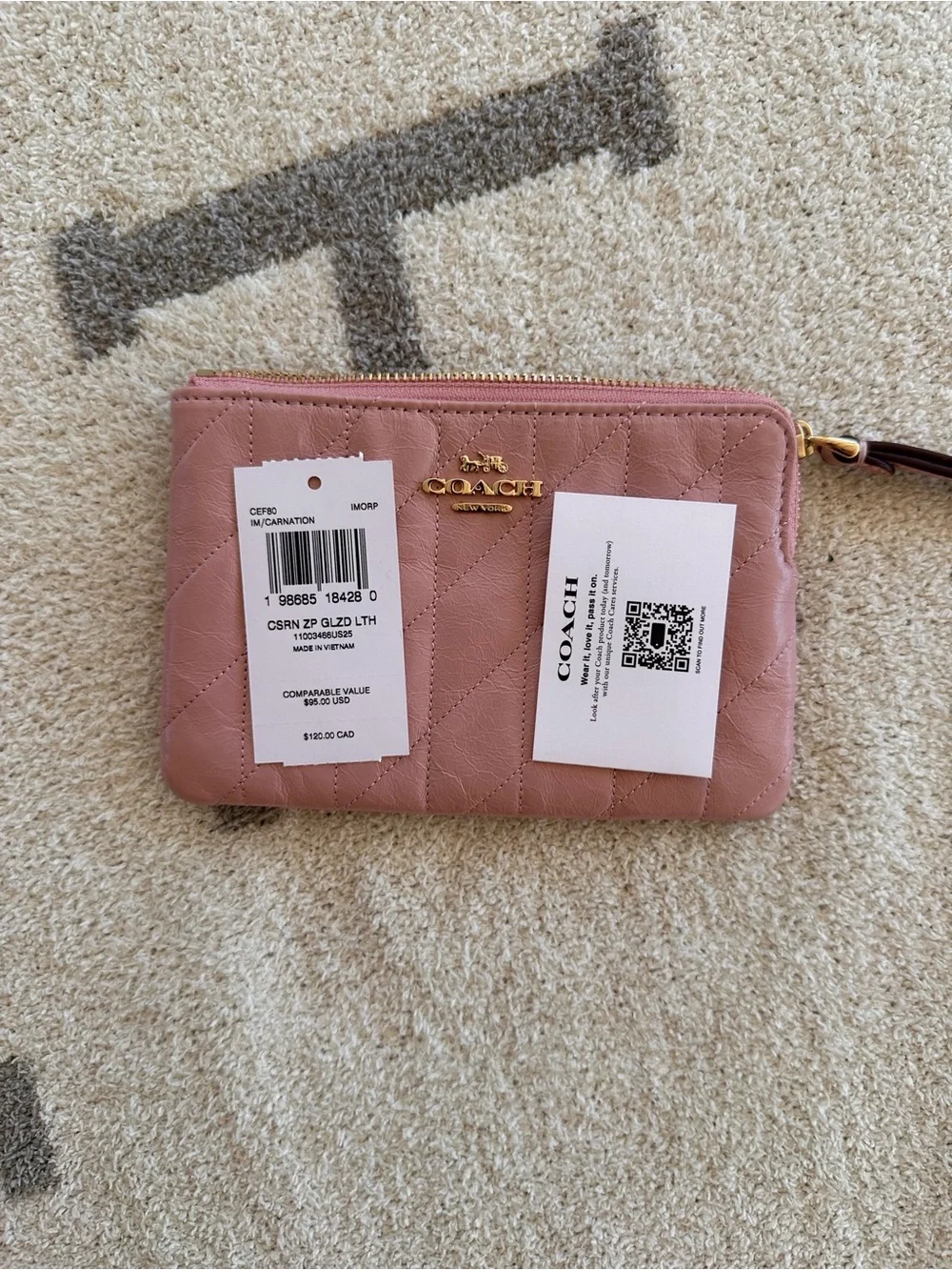 Coach Quilted Leather Wristlet in Rose Mauve with Gold Hardware